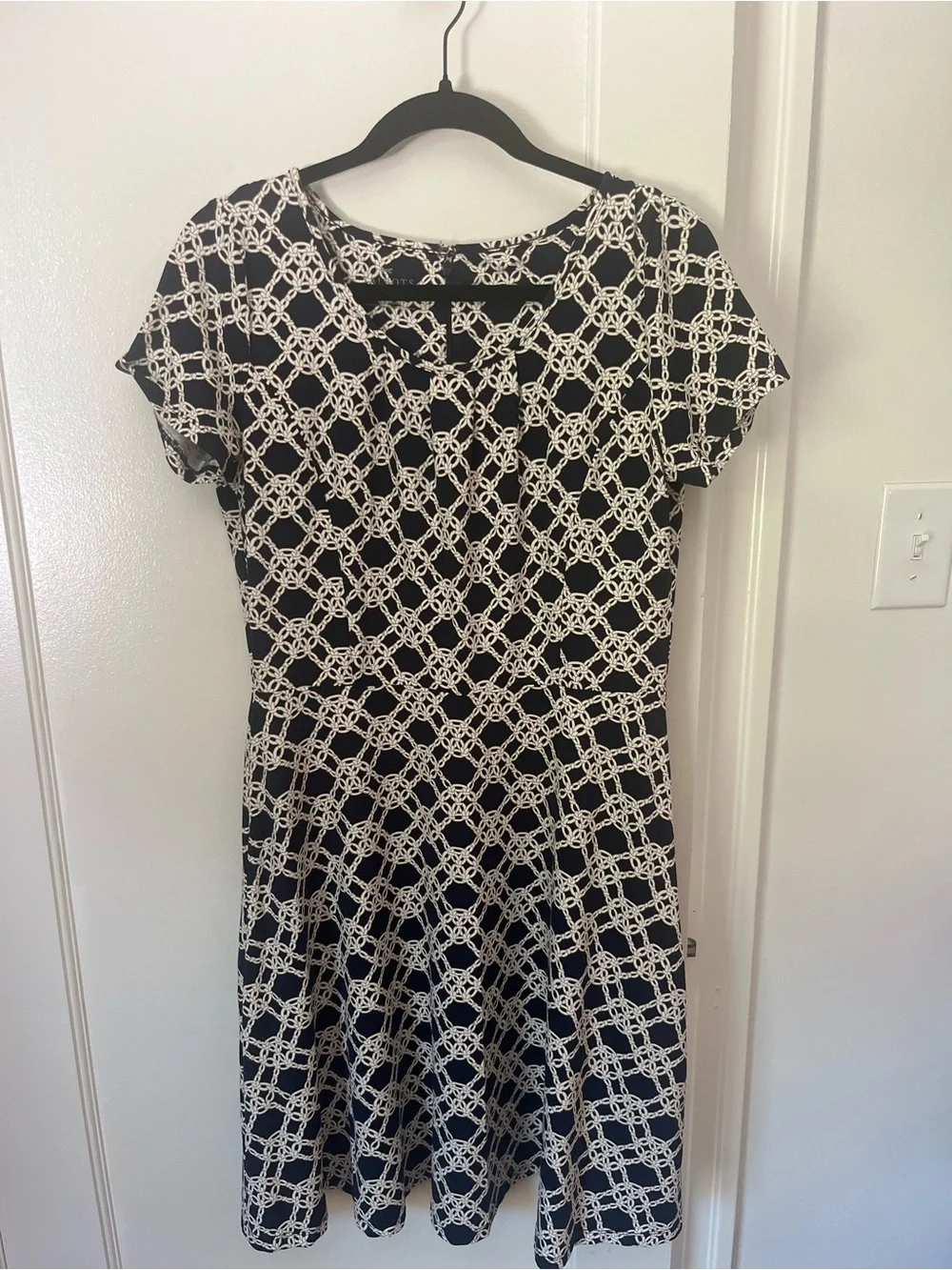 Talbots Navy and White Chain-Print Fit-and-Flare Dress
